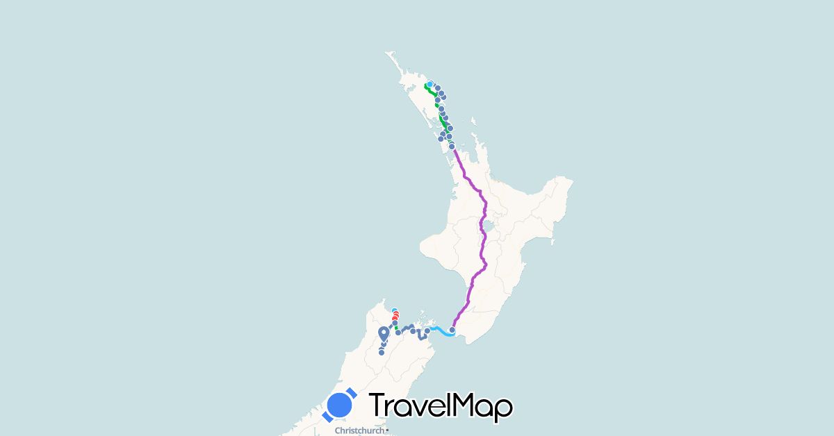 TravelMap itinerary: driving, bus, cycling, train, hiking, boat in New Zealand (Oceania)